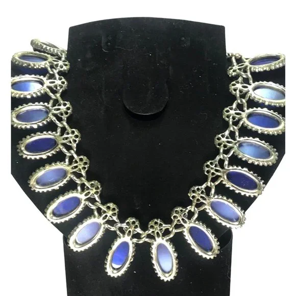 1950s Silver Tone Blue Moon Glow Thermoset Statement Choker Necklace MCM - Picture 4 of 4